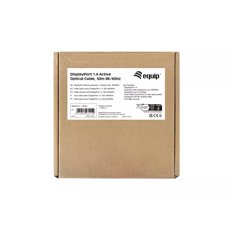 Equip DisplayPort 1.4 aktiivne optiline kaabel, 50 m, 8K/60 Hz, 50 m, DisplayPort, DisplayPort, isane, isane, 7680x4320 pikslit