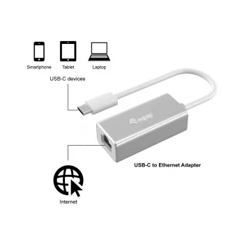 Equip USB Type C to RJ45 Gigabit Network Adapter, juhtmega, USB Type-C, Ethernet, 1000 Mbit/s, hõbedane