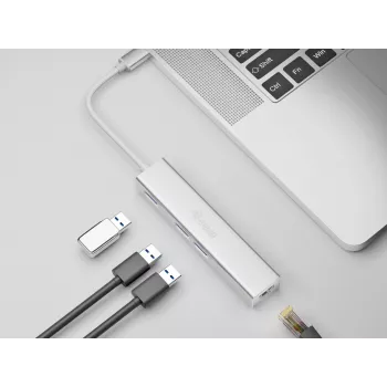 Equip USB-C 3-port USB 3.0 ja Gigabit adapteriga jaotur, USB 3.2 Gen 1 (3.1 Gen 1) Type-C, hõbedane, USB 3.2 Gen 1 (3.1 Gen 1) Type-A, WLAN, alumiinium, 22 mm, 15 mm