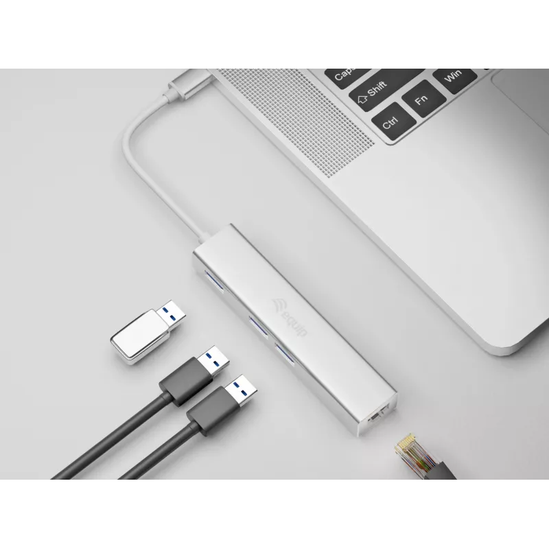 Equip USB-C 3-port USB 3.0 ja Gigabit adapteriga jaotur, USB 3.2 Gen 1 (3.1 Gen 1) Type-C, hõbedane, USB 3.2 Gen 1 (3.1 Gen 1) Type-A, WLAN, alumiinium, 22 mm, 15 mm