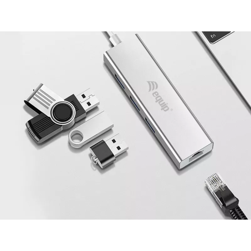 Equip USB-C 3-port USB 3.0 ja Gigabit adapteriga jaotur, USB 3.2 Gen 1 (3.1 Gen 1) Type-C, hõbedane, USB 3.2 Gen 1 (3.1 Gen 1) Type-A, WLAN, alumiinium, 22 mm, 15 mm