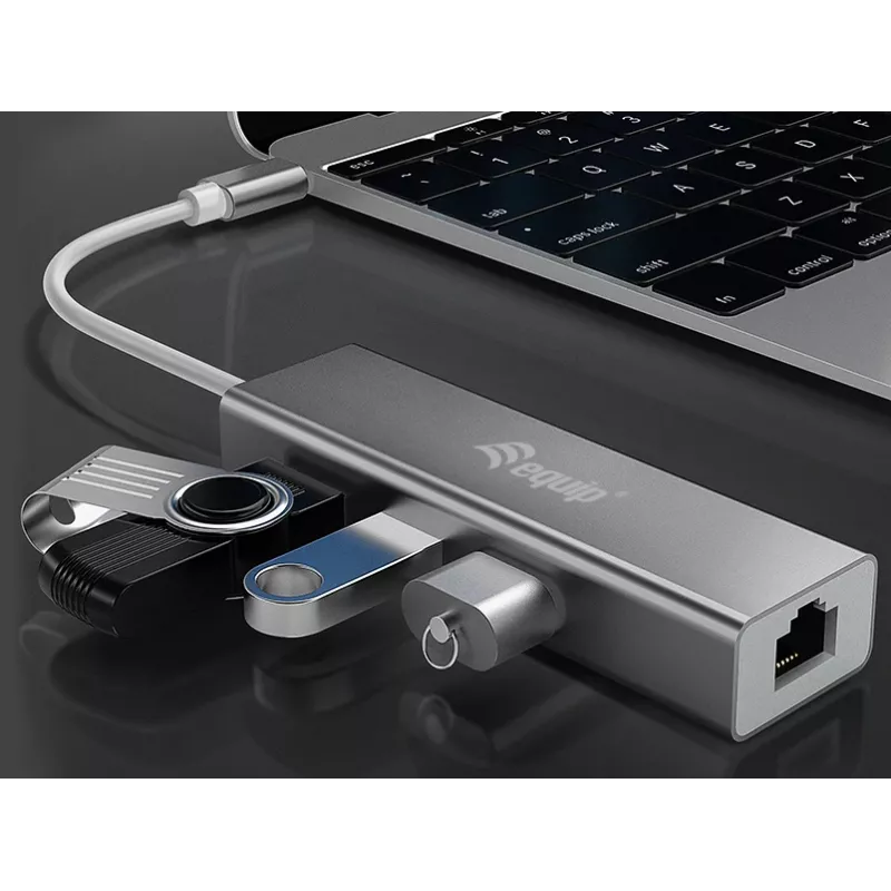 Equip USB-C 3-port USB 3.0 ja Gigabit adapteriga jaotur, USB 3.2 Gen 1 (3.1 Gen 1) Type-C, hõbedane, USB 3.2 Gen 1 (3.1 Gen 1) Type-A, WLAN, alumiinium, 22 mm, 15 mm