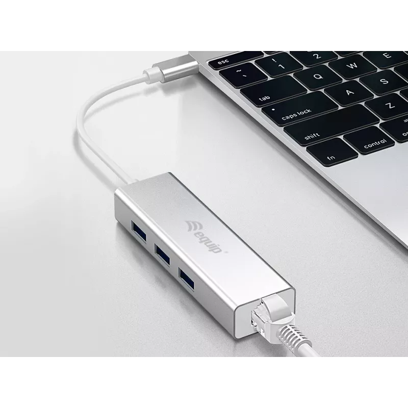 Equip USB-C 3-port USB 3.0 ja Gigabit adapteriga jaotur, USB 3.2 Gen 1 (3.1 Gen 1) Type-C, hõbedane, USB 3.2 Gen 1 (3.1 Gen 1) Type-A, WLAN, alumiinium, 22 mm, 15 mm