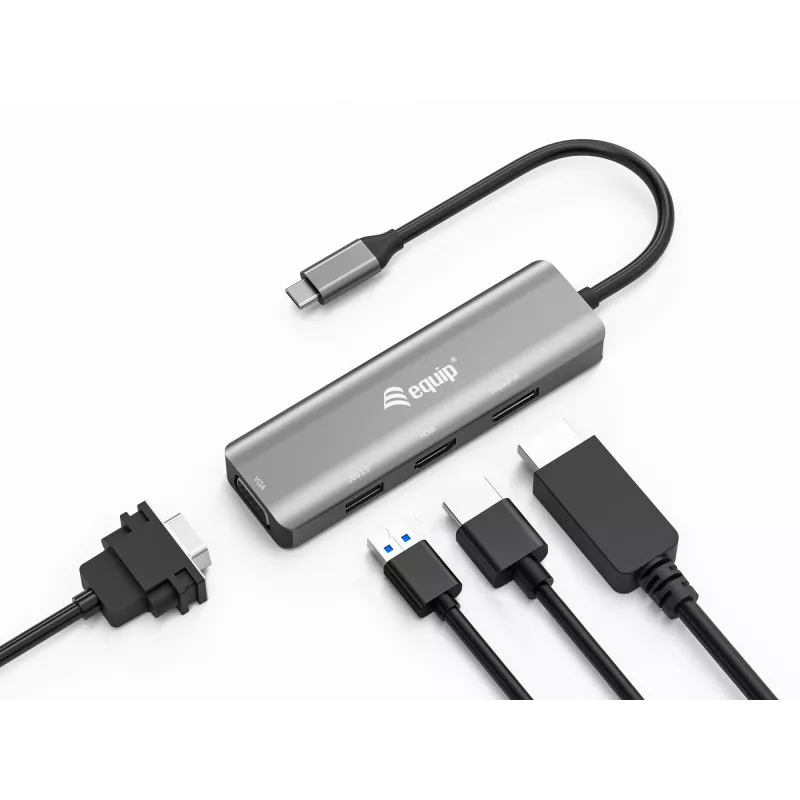 Equip USB-C – HDMI/DisplayPort/VGA/USB-adapter, USB USB-C, HDMI-väljund, DisplayPort-väljund, VGA (D-Sub) väljund, 3840 x 2160 pikslit