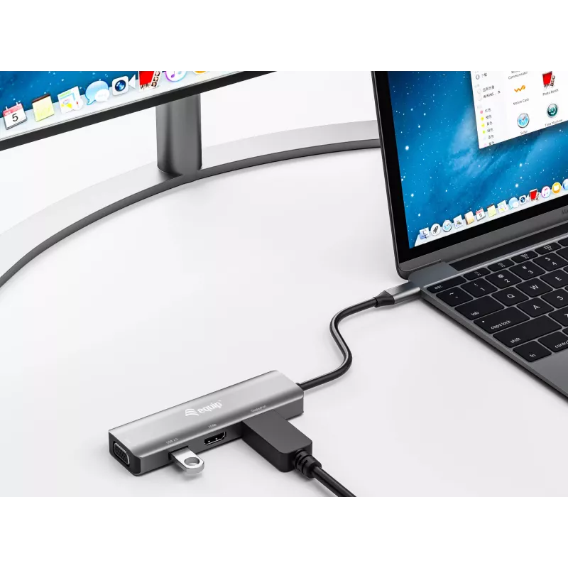 Equip USB-C – HDMI/DisplayPort/VGA/USB-adapter, USB USB-C, HDMI-väljund, DisplayPort-väljund, VGA (D-Sub) väljund, 3840 x 2160 pikslit