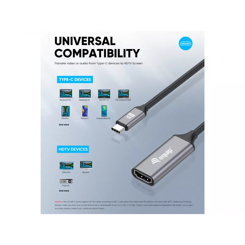 Equip USB-C – HDMI 2.0 adapter, 4K/60 Hz, 0,15 m, USB USB-C, HDMI, isane, emane, otse