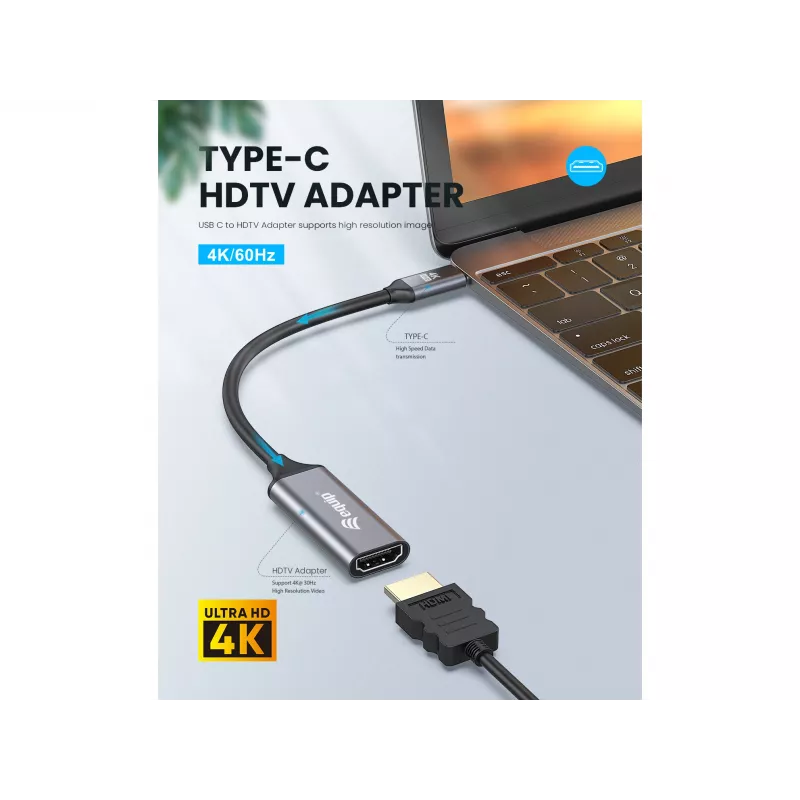 Equip USB-C – HDMI 2.0 adapter, 4K/60 Hz, 0,15 m, USB USB-C, HDMI, isane, emane, otse