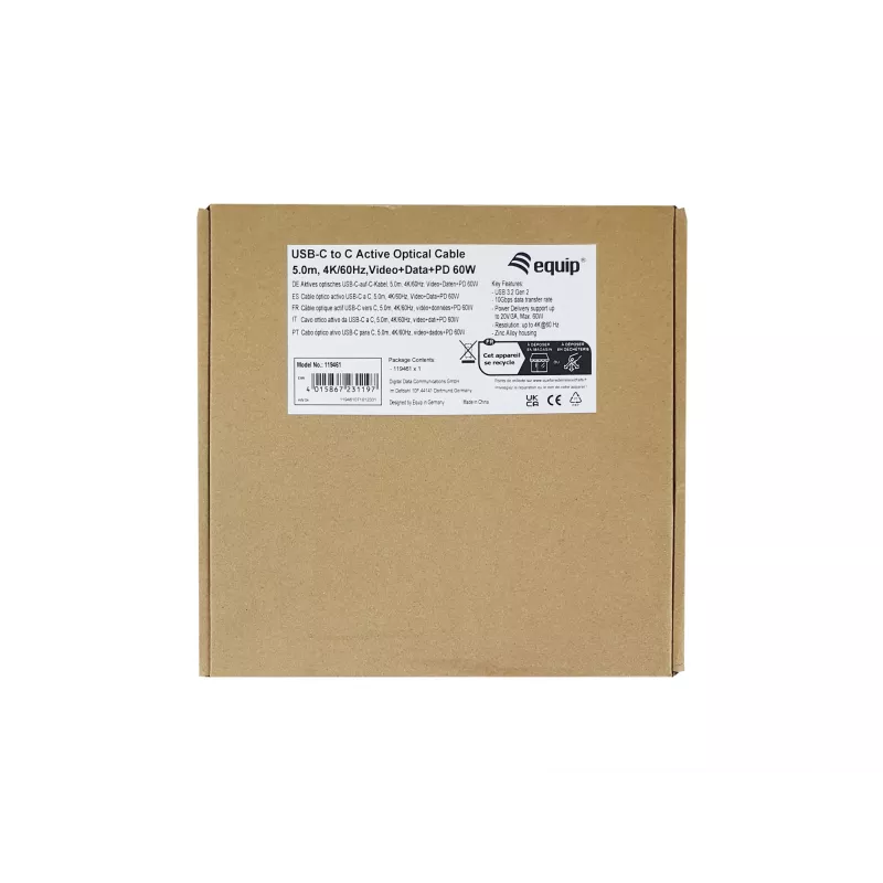 Equip USB-C kuni C aktiivne optiline kaabel, M/M, 5,0 m, PD 60W, 4K/60Hz, 10Gbps, Video+Andmed+PD