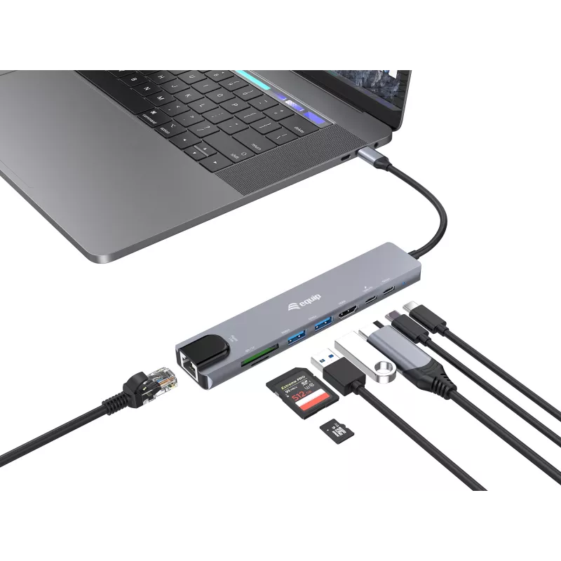 Equip USB-C 8-ühes mitmeotstarbeline adapter, juhtmega, USB USB-C, 100 W, 1000 Mbit/s, 1000BASE-T, IEEE 802.3ab