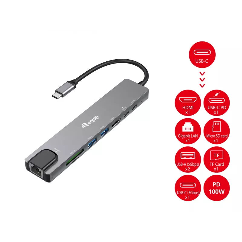 Equip USB-C 8-ühes mitmeotstarbeline adapter, juhtmega, USB USB-C, 100 W, 1000 Mbit/s, 1000BASE-T, IEEE 802.3ab
