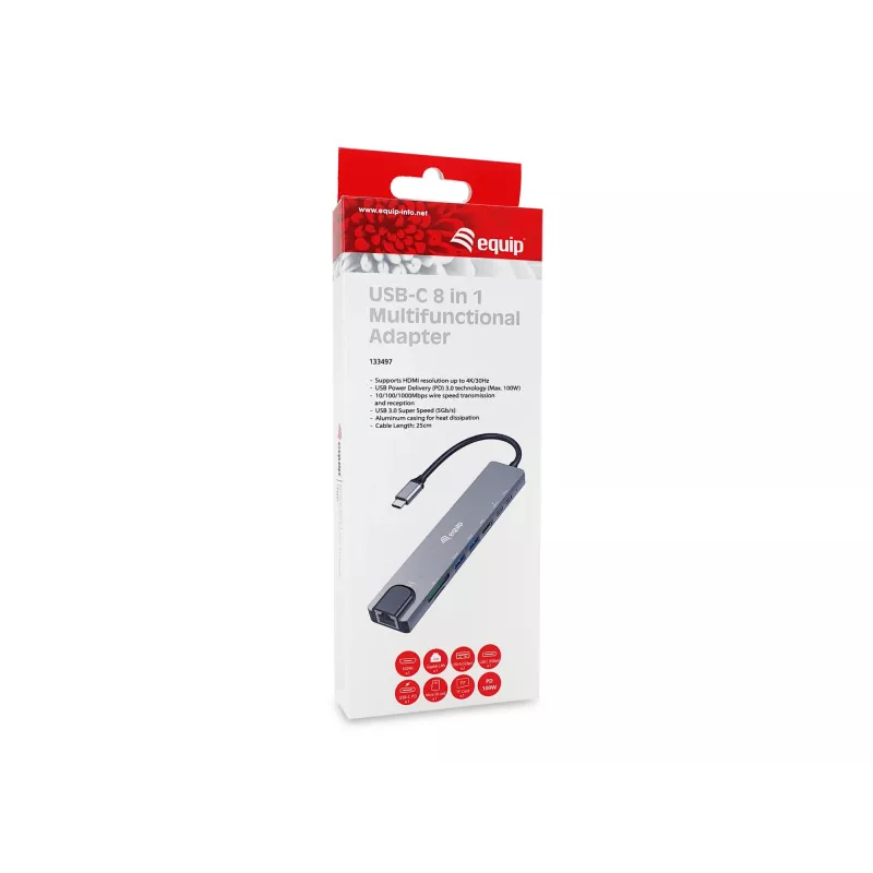Equip USB-C 8-ühes mitmeotstarbeline adapter, juhtmega, USB USB-C, 100 W, 1000 Mbit/s, 1000BASE-T, IEEE 802.3ab