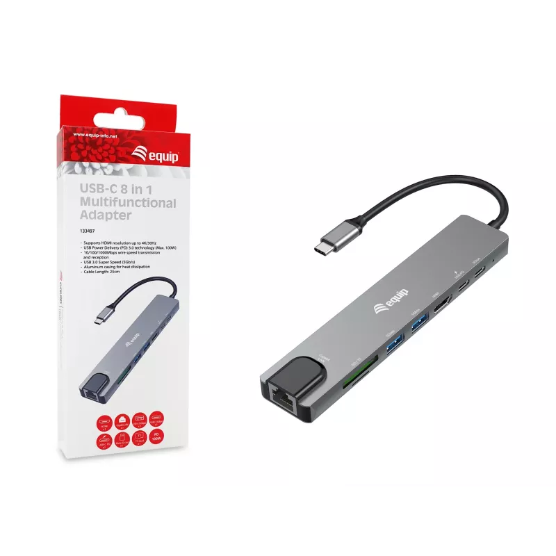 Equip USB-C 8-ühes mitmeotstarbeline adapter, juhtmega, USB USB-C, 100 W, 1000 Mbit/s, 1000BASE-T, IEEE 802.3ab