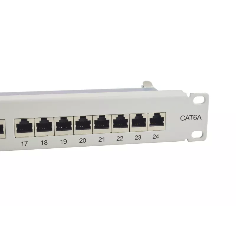 Equip 24-porti Cat.6A varjestatud jaotuspaneel, helehall, 10/100/1000Base-T(X), Gigabit Ethernet, 1000 Mbit/s, RJ-45, Cat6a, riiulipaigaldus
