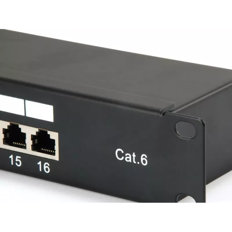 Equip 16-pordiline Cat.6 varjestatud jaotuspaneel, must, 10/100/1000Base-T(X), Gigabit Ethernet, 1000 Mbit/s, RJ-45, Cat6, riiulipaigaldus