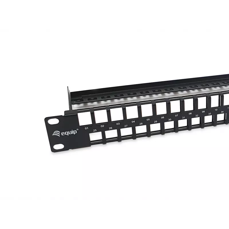 Equip 48-pordiline Keystone Cat.6 varjestamata paigalduspaneel, must, RJ-45, Cat6, 1U, must, teras, REACH, RoHS