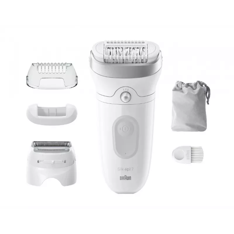 Epilaator BRAUN Silk-épil 7 7-041 — juhtmevaba märg- ja kuivepilaator MicroGrip, massaaži, pardli ja bikiinitrimmeriga, hall/valge