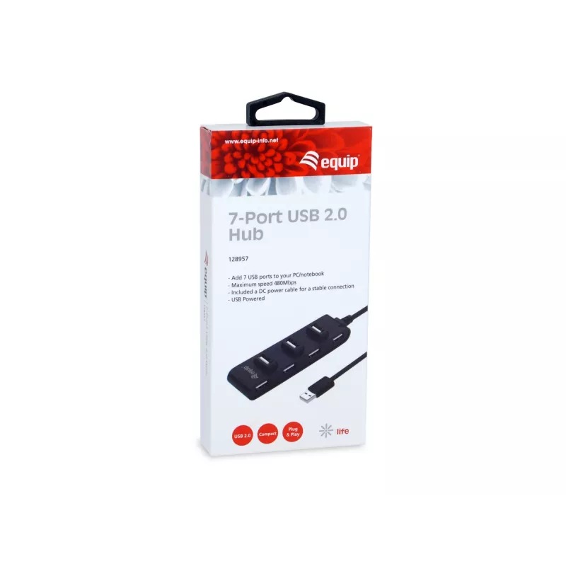 Equip 7-pordiline USB 2.0 jaotur, USB 2.0, USB 2.0, 480 Mbit/s, must, Hiina, CE, RoHS