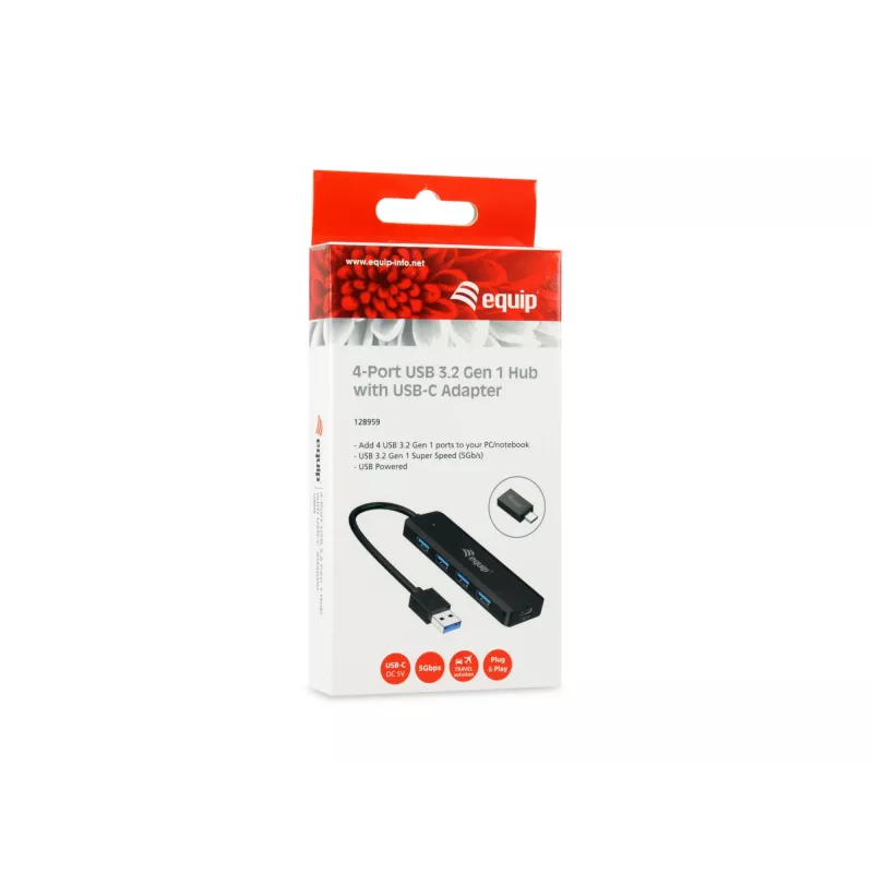 4-Port USB 3.2 Gen 1 Hub Equip with USB-C Adapter Must 5000 Mbit/s