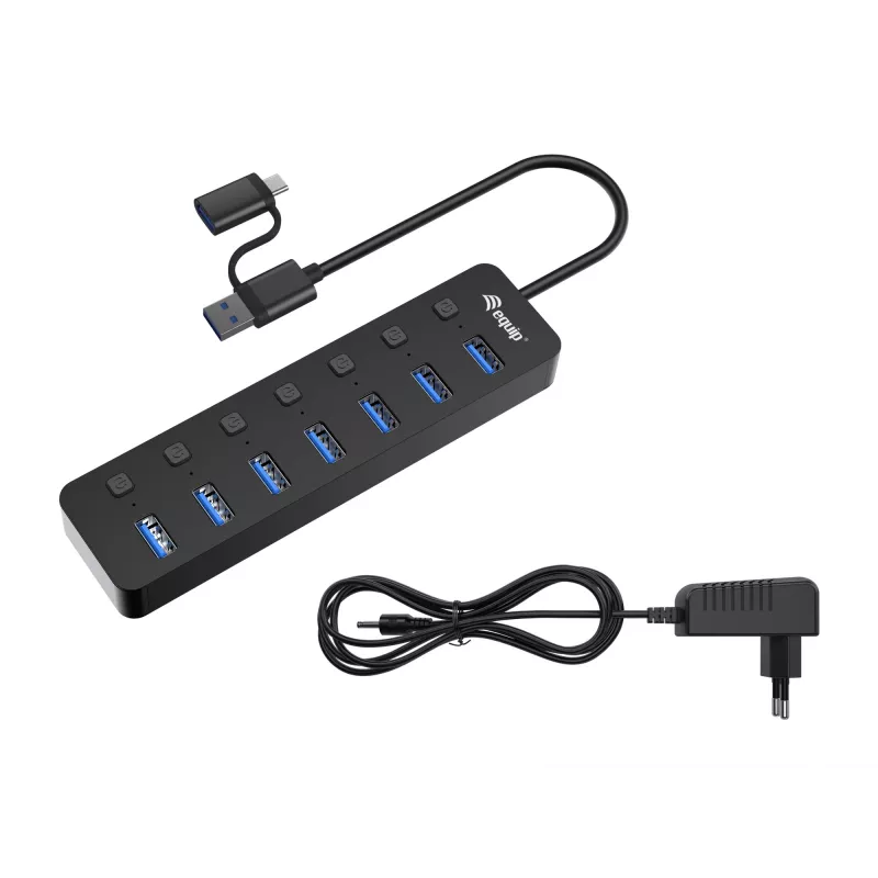 USB-jaotur Equip 7-pordiline USB 3.2 Gen 1 jaotur toiteadapteriga
