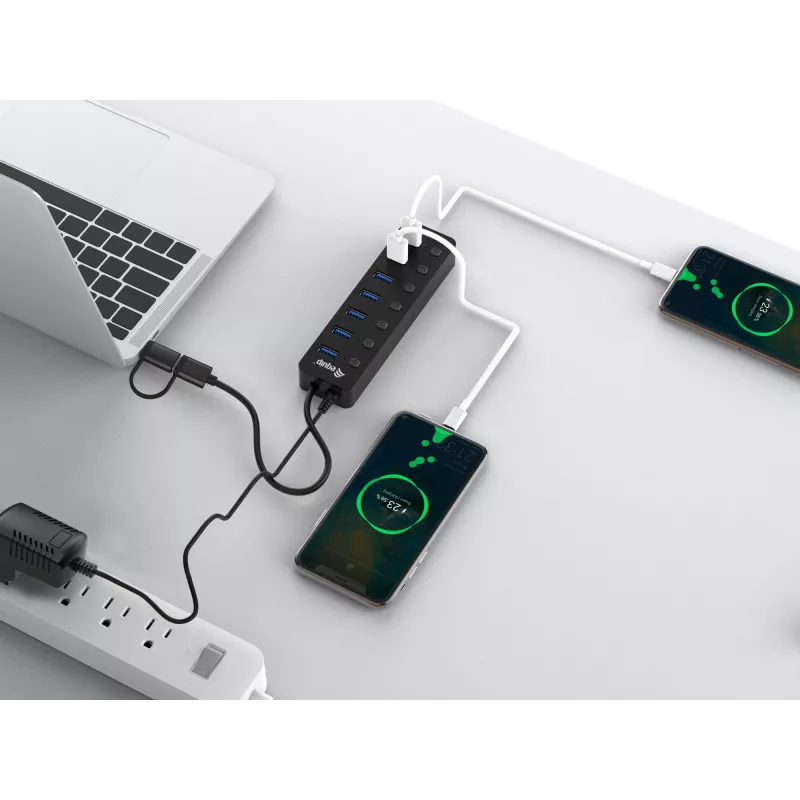 USB-jaotur Equip 7-pordiline USB 3.2 Gen 1 jaotur toiteadapteriga