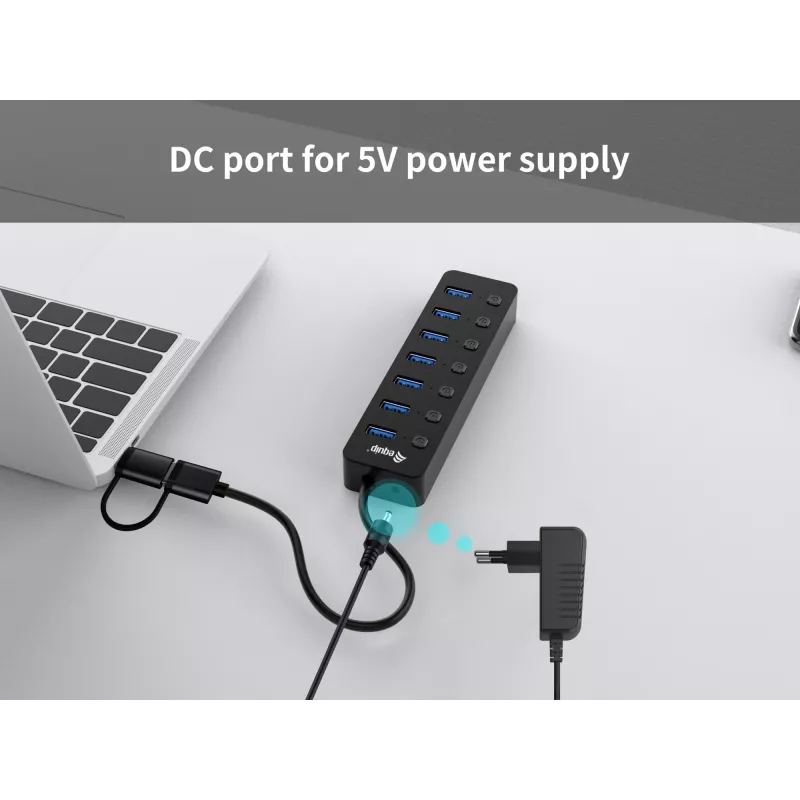 USB-jaotur Equip 7-pordiline USB 3.2 Gen 1 jaotur toiteadapteriga