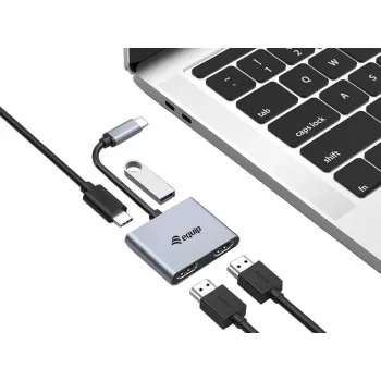 Equip USB-C 4 in 1 Dual HDMI Adapter, USB 3.2 Gen 1 (3.1 Gen 1) Type-C, hõbedane, 4K Ultra HD, 30 Hz, HDMI, alumiinium