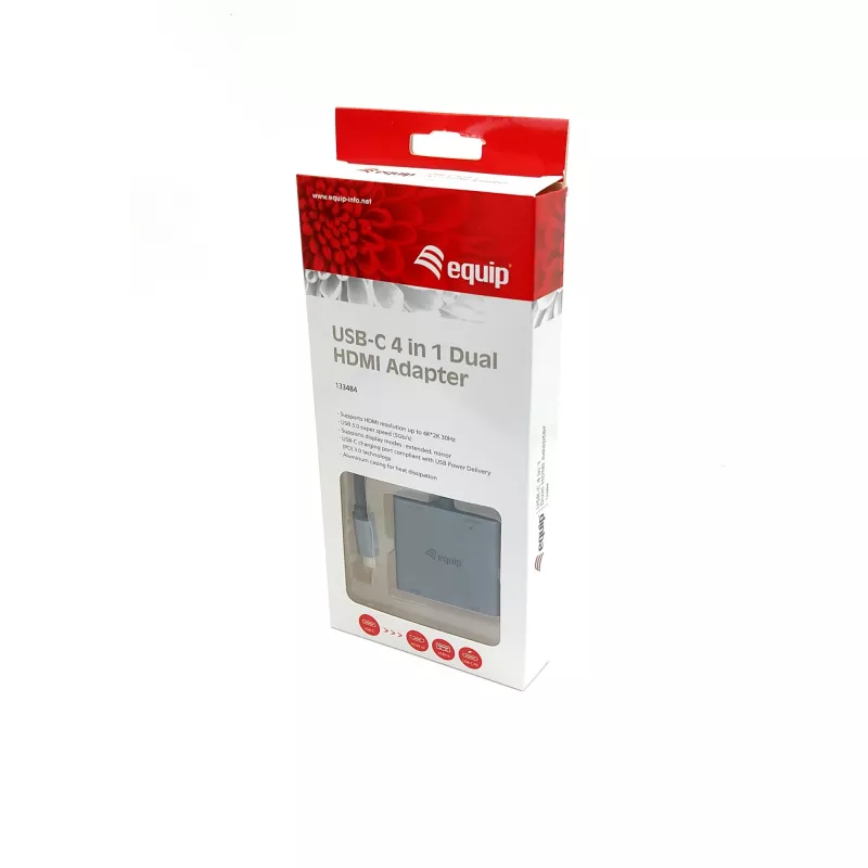 Equip USB-C 4 in 1 Dual HDMI Adapter, USB 3.2 Gen 1 (3.1 Gen 1) Type-C, hõbedane, 4K Ultra HD, 30 Hz, HDMI, alumiinium