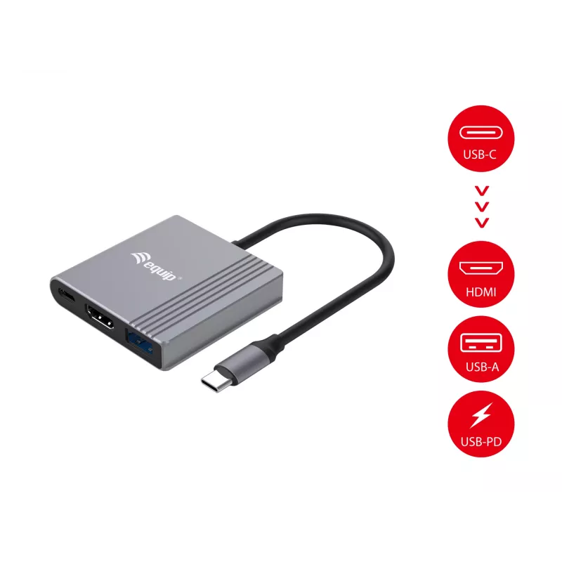 Equip 3-ühes USB-C HDMI / USB-A / USB PD adapter, 3.2 Gen 1 (3.1 Gen 1), USB USB-C, HDMI-väljund, 3840 x 2160 pikslit