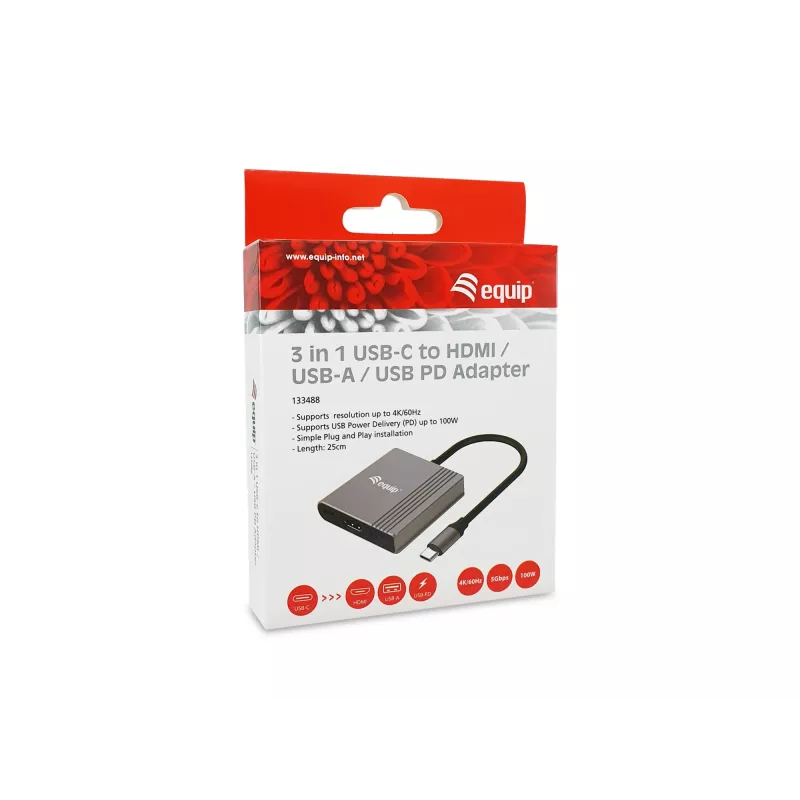 Equip 3-ühes USB-C HDMI / USB-A / USB PD adapter, 3.2 Gen 1 (3.1 Gen 1), USB USB-C, HDMI-väljund, 3840 x 2160 pikslit