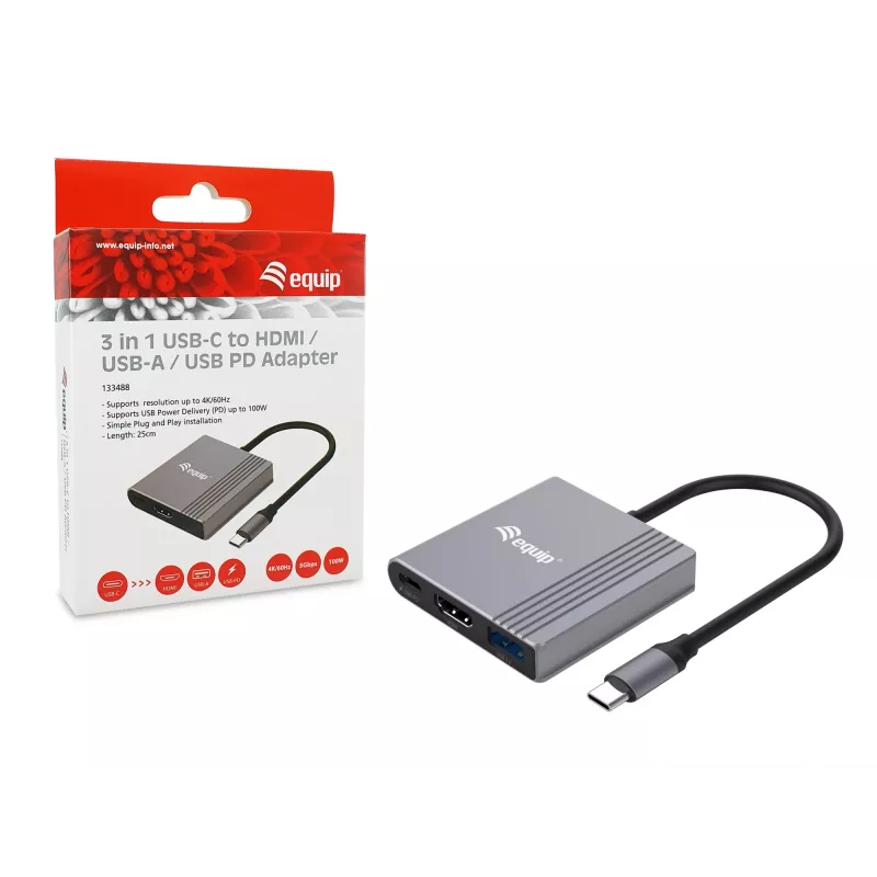 Equip 3-ühes USB-C HDMI / USB-A / USB PD adapter, 3.2 Gen 1 (3.1 Gen 1), USB USB-C, HDMI-väljund, 3840 x 2160 pikslit