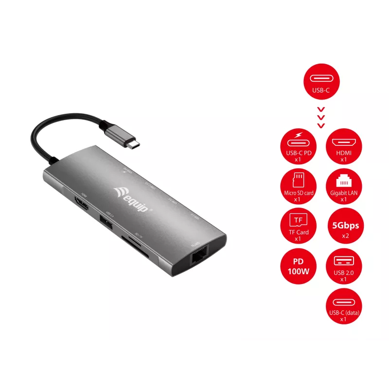 Equip USB-C 9-in-1 multifunktsionaalne adapter, HDMI 4K/60 Hz, Gigabit LAN, USB 3.2 Gen1, SD/TF, 100 W USB PD