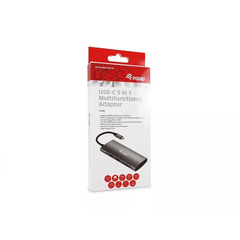 Equip USB-C 9-in-1 multifunktsionaalne adapter, HDMI 4K/60 Hz, Gigabit LAN, USB 3.2 Gen1, SD/TF, 100 W USB PD