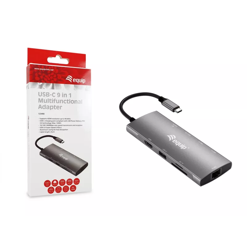 Equip USB-C 9-in-1 multifunktsionaalne adapter, HDMI 4K/60 Hz, Gigabit LAN, USB 3.2 Gen1, SD/TF, 100 W USB PD