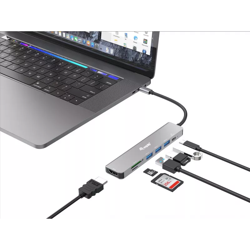 Equip USB-C 7-in-1 multifunktsionaalne adapter, HDMI 4K/60Hz, USB 3.2 Gen1 x 3, TF/MICRO SD, 100W USB PD