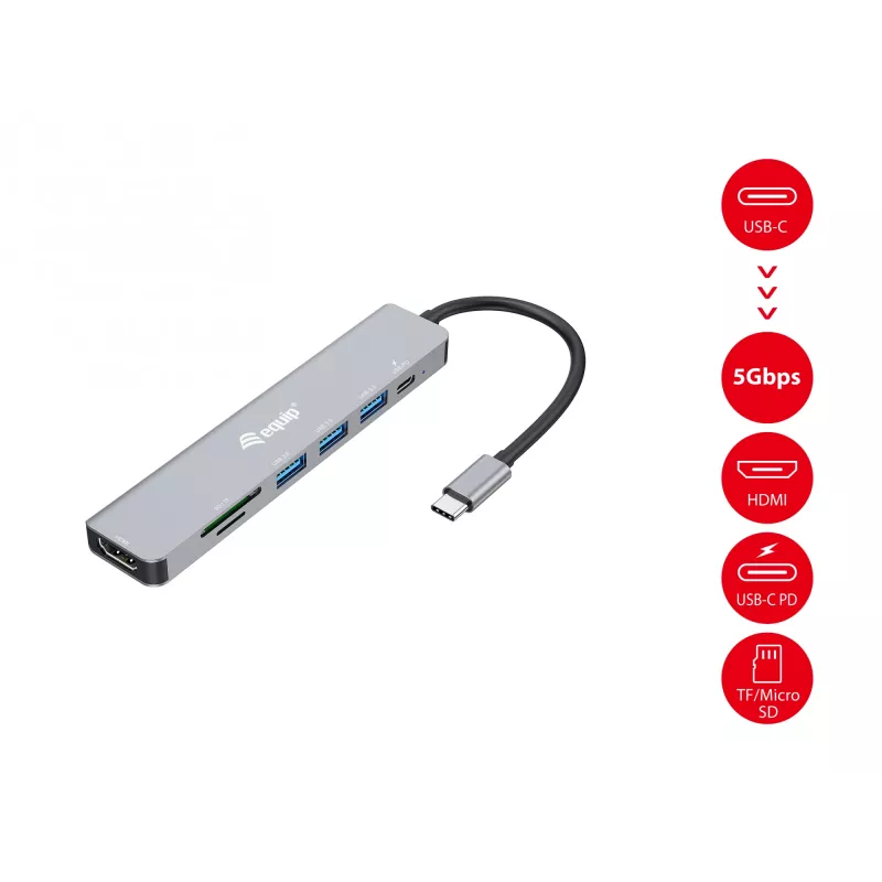 Equip USB-C 7-in-1 multifunktsionaalne adapter, HDMI 4K/60Hz, USB 3.2 Gen1 x 3, TF/MICRO SD, 100W USB PD