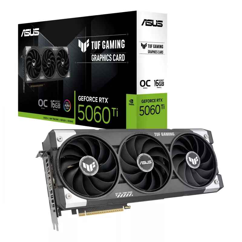 Graafikakaart ASUS GeForce RTX 5060 Ti — 16 GB GDDR7, PCIe 5.0, 128-bit, 3xDP 2.1b + 1xHDMI 2.1b, 302 mm, 3 ventilaatorit