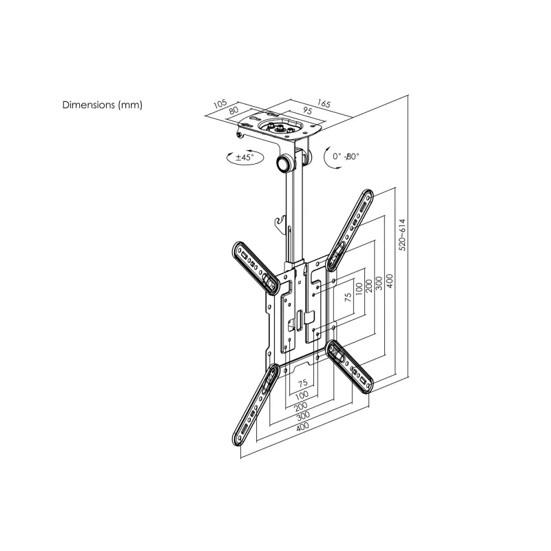 Equip 23–55 tolli laekinnitusega teleriklamber, 75 x 75 mm, 400 x 400 mm, 0–80°, -45–45°, roostevaba teras, must