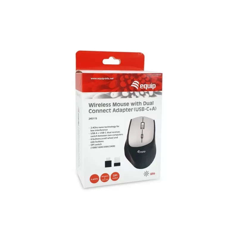 Equip 245115 juhtmevaba hiir kahe ühendusvõimalusega adapteriga (USB-C+A)