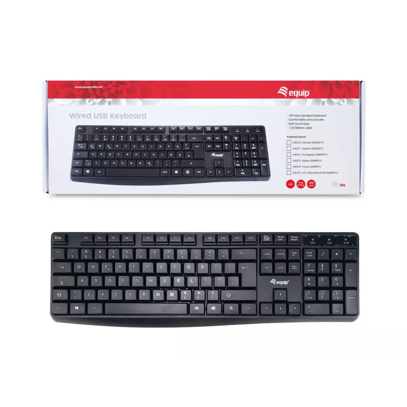 Equip juhtmega USB-klaviatuur, US/International paigutus (QWERTY), täissuuruses (100%), juhtmega, USB, QWERTY, must