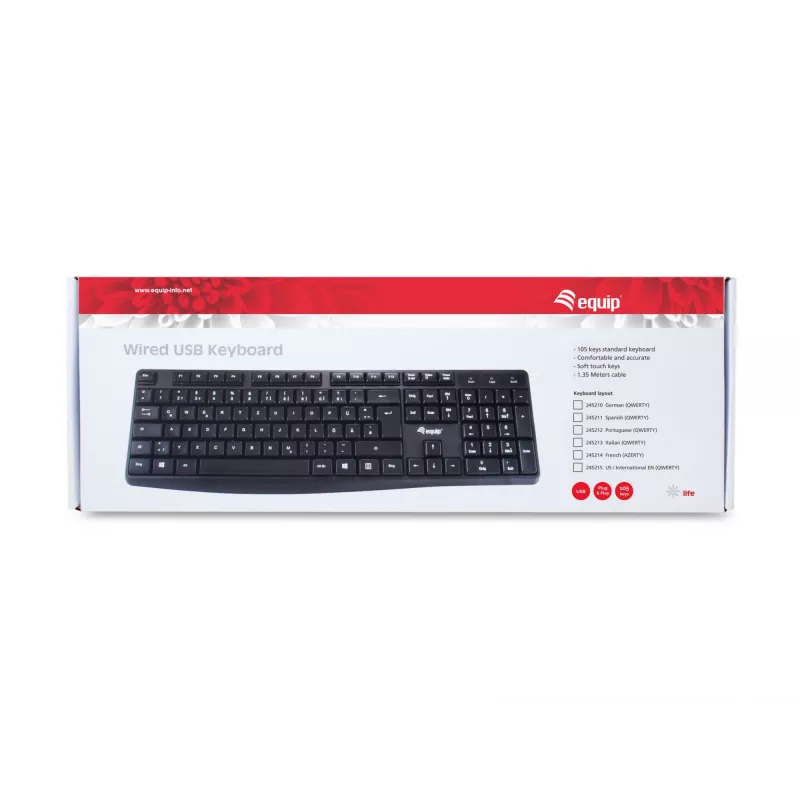 Equip juhtmega USB-klaviatuur, US/International paigutus (QWERTY), täissuuruses (100%), juhtmega, USB, QWERTY, must