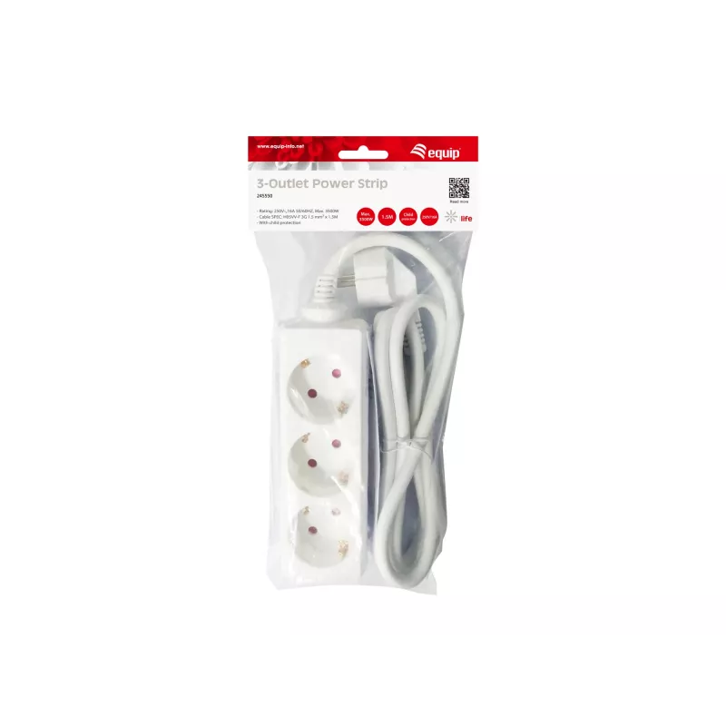Equip 245550 pikendusjuhe 1,5 m 3 vahelduvvoolu pistikupesa Siseruumidesse Valge