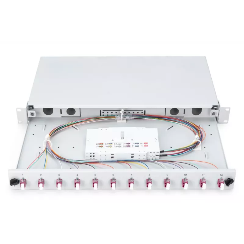 DIGITUS fiiberoptiline lükandühenduskarp, 1U, varustatud 12x LC duplex, sisaldab M 25 kruvi, ühenduskasseti värvi pikendusjuhtmed OM4, adapter