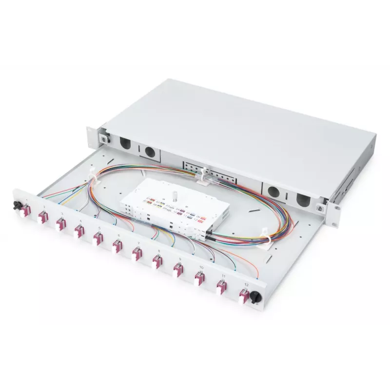 DIGITUS fiiberoptiline lükandühenduskarp, 1U, varustatud 12x LC duplex, sisaldab M 25 kruvi, ühenduskasseti värvi pikendusjuhtmed OM4, adapter