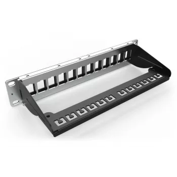 DIGITUS Modulaarne paigalduspaneel, varjestatud 12-port, tühi, 1U, 254mm (10 tolli) riiulikinnitus, värv must RAL 9005