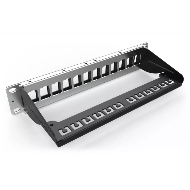 DIGITUS Modulaarne paigalduspaneel, varjestatud 12-port, tühi, 1U, 254mm (10 tolli) riiulikinnitus, värv must RAL 9005