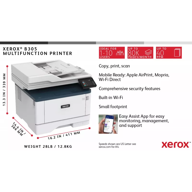 Xerox B305 A4 38ppm juhtmevaba dupleks koopia/prindi/skaneeri PS3 PCL5e/6 2 salve 350 lehte
