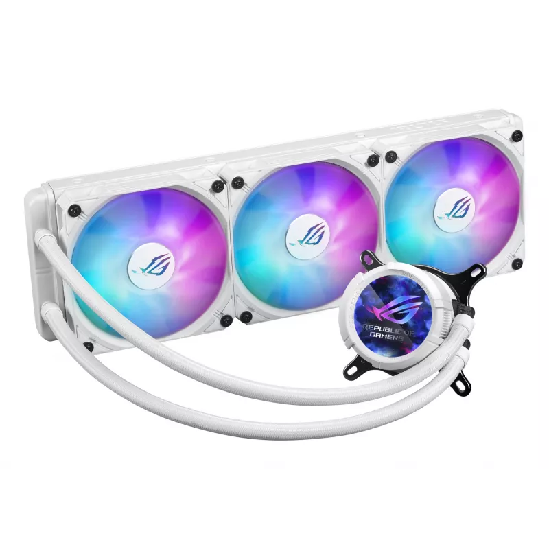 Vedelikjahutuskomplekt ASUS ROG Strix LC III 360 ARGB Valge Edition — 360 mm radiaator, 3x 120 mm ventilaatorit, LCD veeblokk, PWM