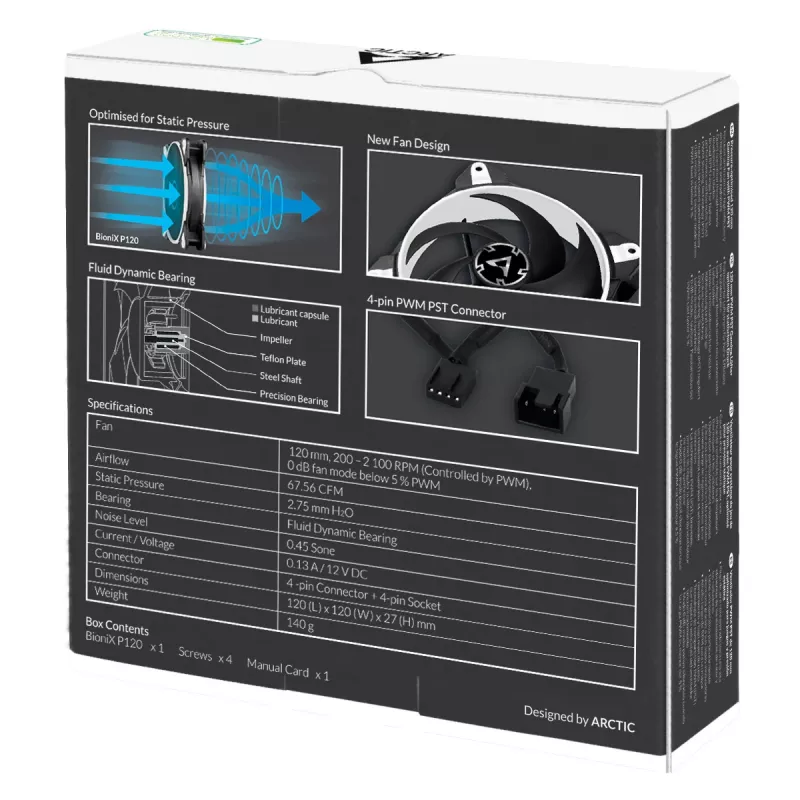 ARCTIC BioniX P120 (Valge) – Rõhuoptimeeritud 120 mm mänguventilaator PWM PST-ga
