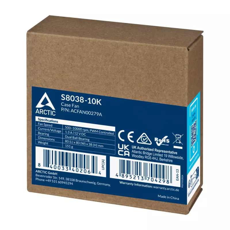ARCTIC S8038-10K - 80 mm serveriventilaator, ventilaator, 8 cm, 173,3 m³/h, must