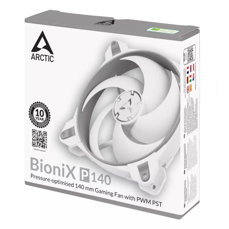 ARCTIC BioniX P140 (hall/Valge) – Rõhuoptimeeritud 140 mm mänguriventilaator koos PWM PST-ga